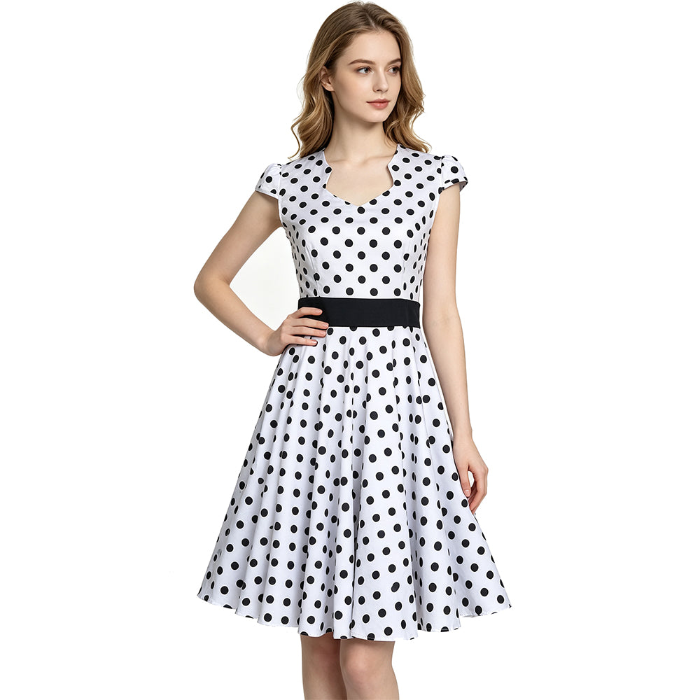 Women's Vintage Polka Dot V - Neck Cap Sleeve A - Line Swing Dress with Black Belt for Cocktail Party Evening Event