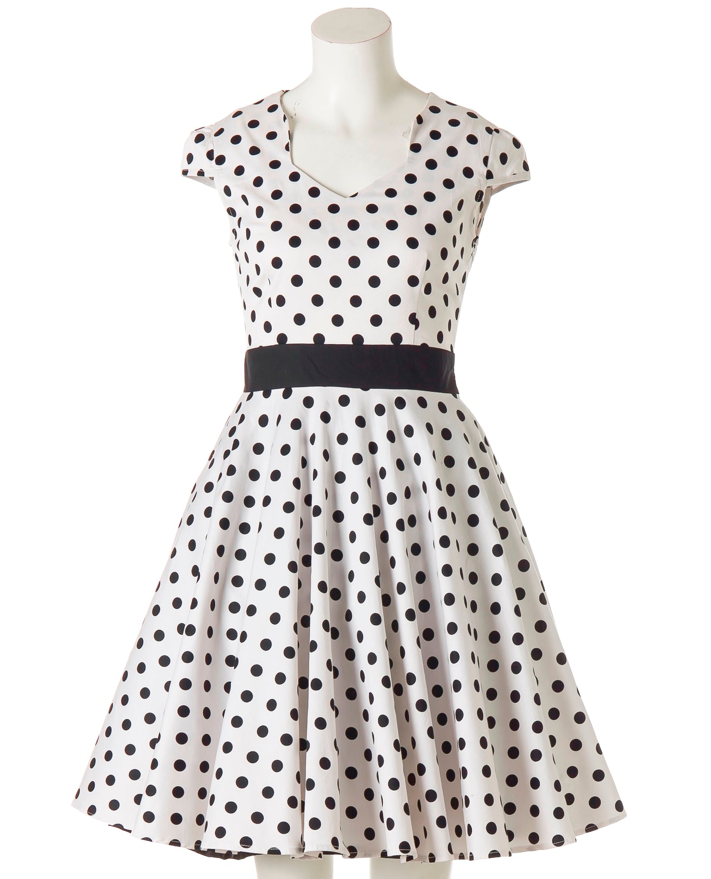 Women's Vintage Polka Dot V - Neck Cap Sleeve A - Line Swing Dress with Black Belt for Cocktail Party Evening Event