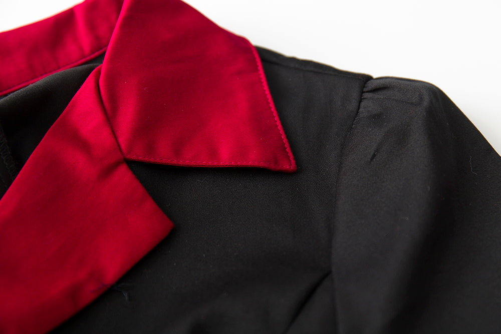 Vintage Contrast Collar Button Front Midi Dress - Women's Black & Red Short Sleeve A-Line Swing Dress