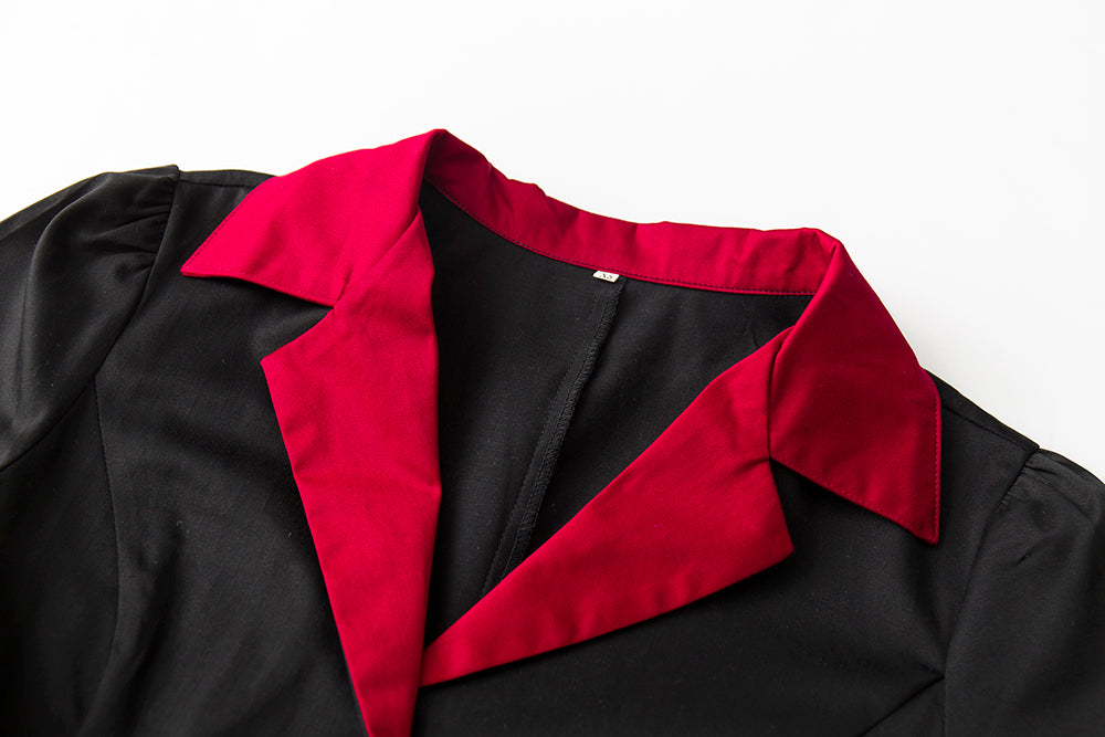 Vintage Contrast Collar Button Front Midi Dress - Women's Black & Red Short Sleeve A-Line Swing Dress