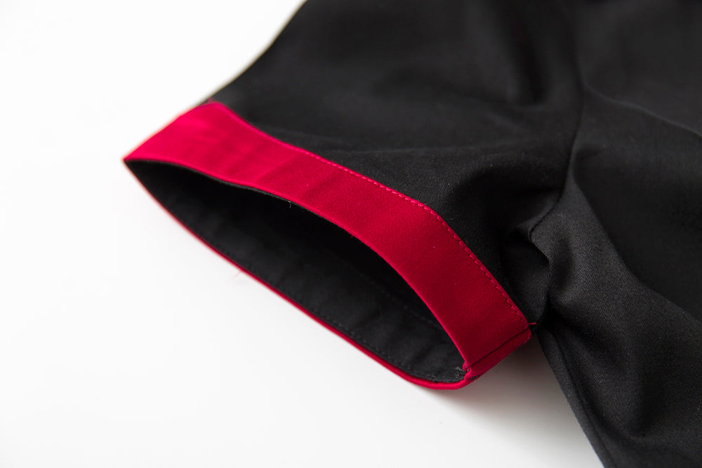 Vintage Contrast Collar Button Front Midi Dress - Women's Black & Red Short Sleeve A-Line Swing Dress
