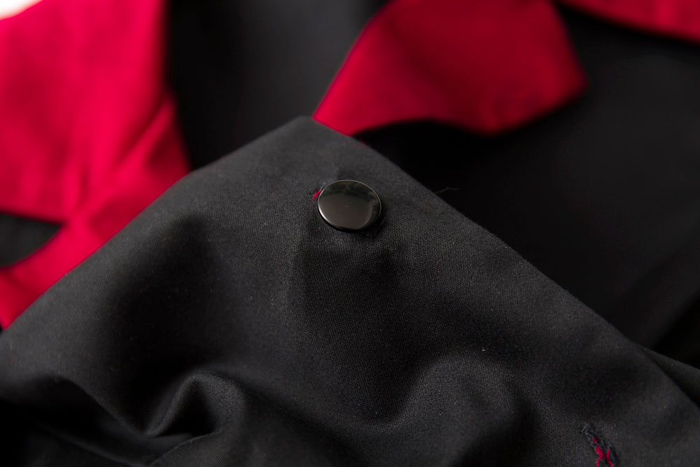Vintage Contrast Collar Button Front Midi Dress - Women's Black & Red Short Sleeve A-Line Swing Dress