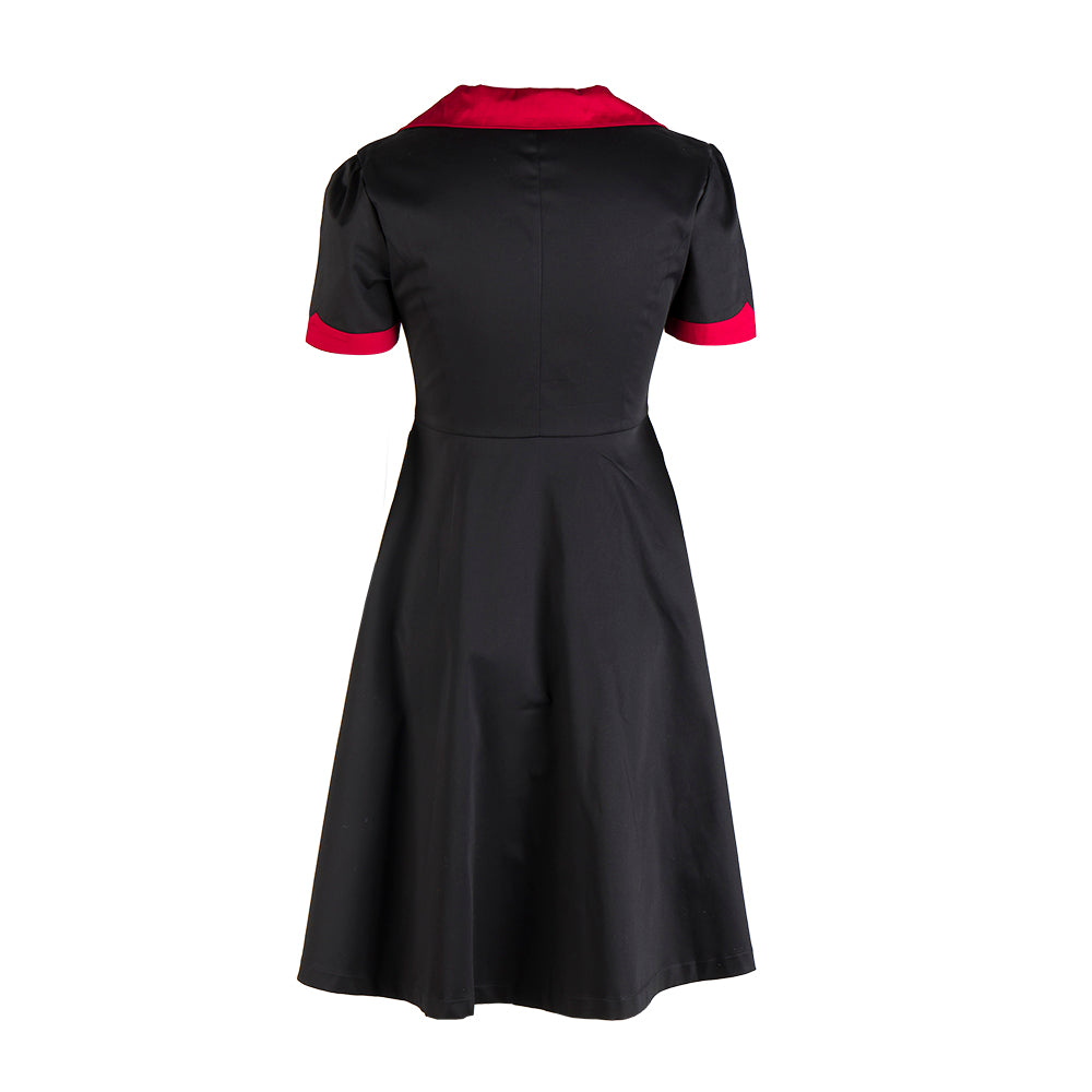 Vintage Contrast Collar Button Front Midi Dress - Women's Black & Red Short Sleeve A-Line Swing Dress
