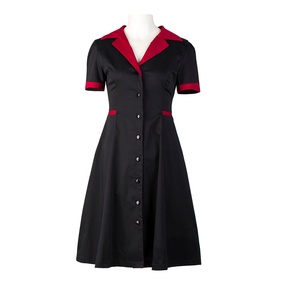 Vintage Contrast Collar Button Front Midi Dress - Women's Black & Red Short Sleeve A-Line Swing Dress
