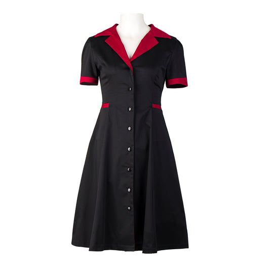 Vintage Contrast Collar Button Front Midi Dress - Women's Black & Red Short Sleeve A-Line Swing Dress