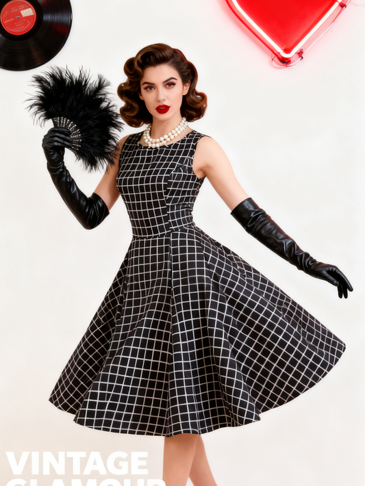 Summer European and American Original Designer Black and White Checkered Flared Dress