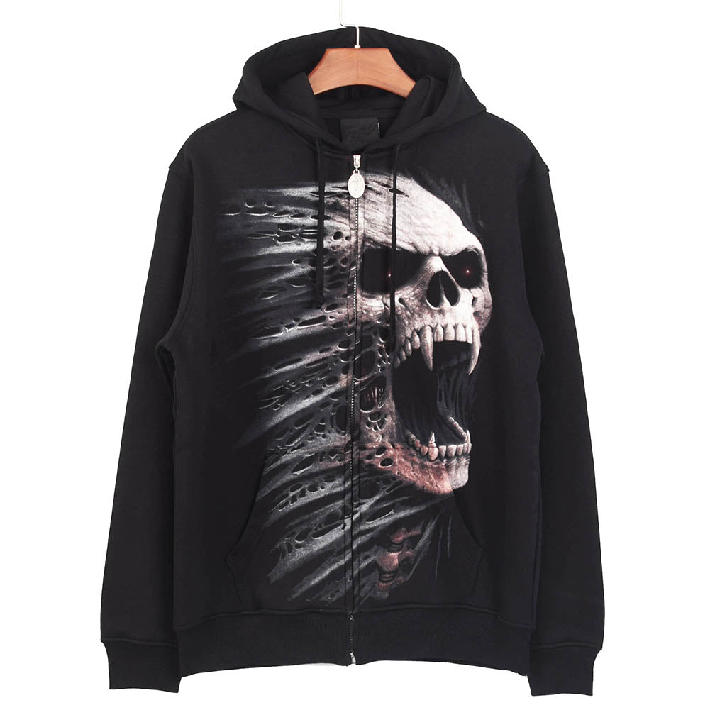 Unisex Streetwear Punk Gothic Skull Zip-Up Hoodie – Dark Themed Graphic with Bold Edgy Design, Perfect for Goth Fans & Bold Outfits