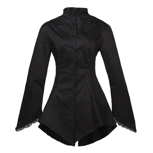 Women's Gothic Ruffle-Neck Button-Up Top: Embrace Dark Victorian-Inspired Elegance