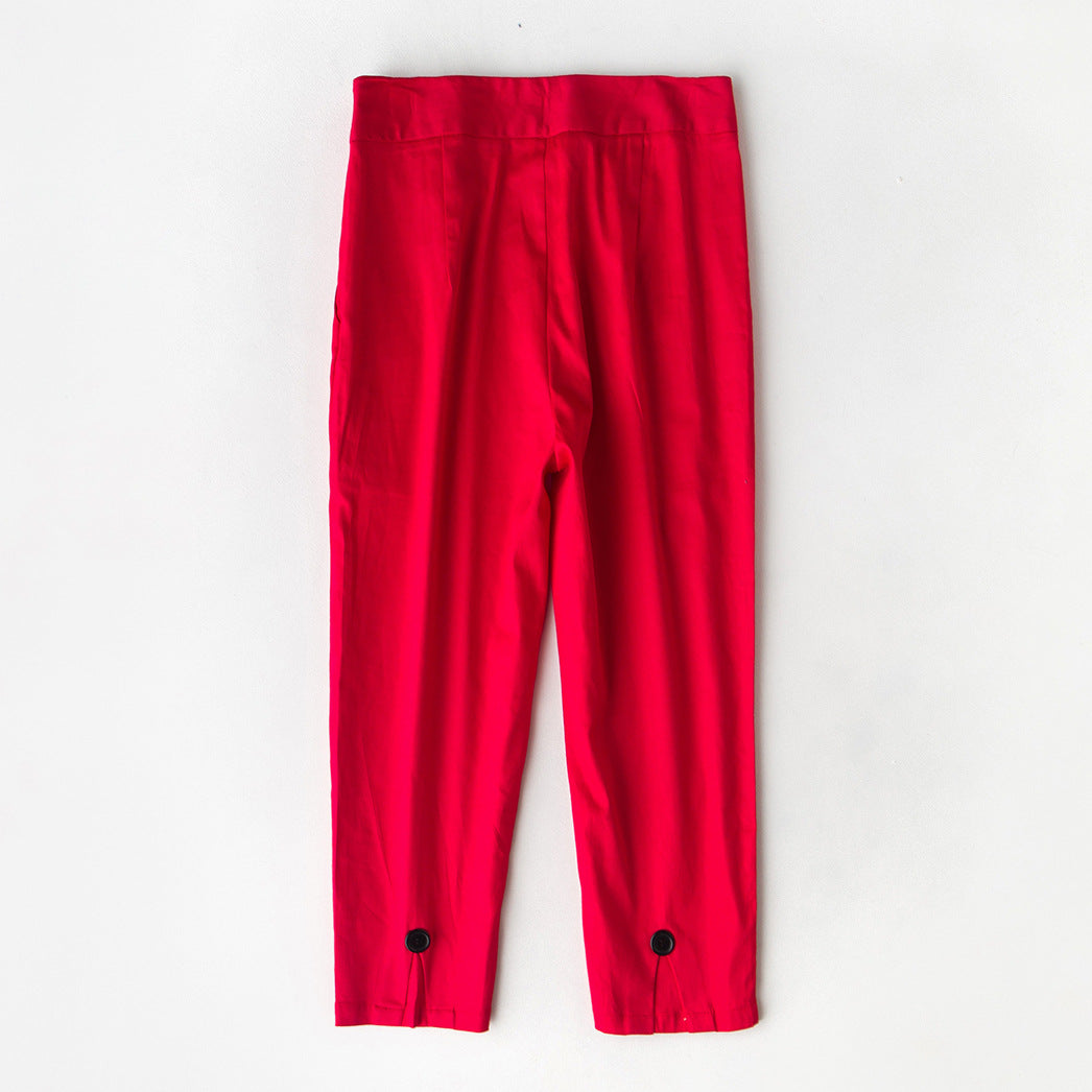Scarlet Red High-Waist Ankle Pants with Button Hem | Slim Fit Stretch Trousers for Women - Effortless Chic for Daily & Office