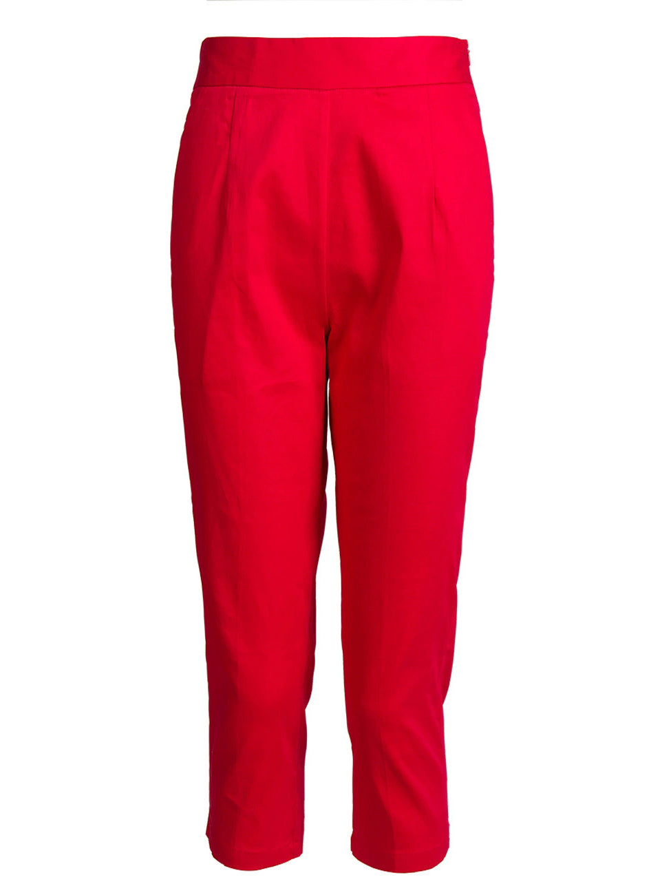 Scarlet Red High-Waist Ankle Pants with Button Hem | Slim Fit Stretch Trousers for Women - Effortless Chic for Daily & Office