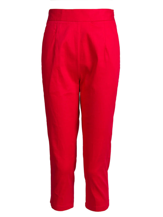 Scarlet Red High-Waist Ankle Pants with Button Hem | Slim Fit Stretch Trousers for Women - Effortless Chic for Daily & Office