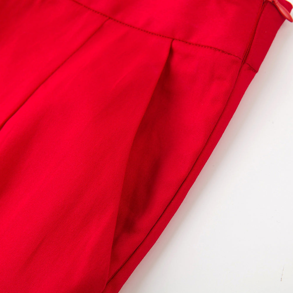 Scarlet Red High-Waist Ankle Pants with Button Hem | Slim Fit Stretch Trousers for Women - Effortless Chic for Daily & Office