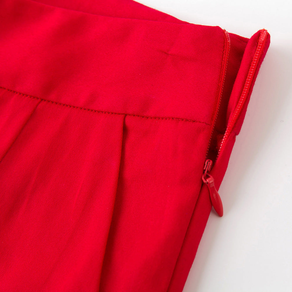 Scarlet Red High-Waist Ankle Pants with Button Hem | Slim Fit Stretch Trousers for Women - Effortless Chic for Daily & Office