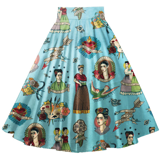 Frida Kahlo Printed Midi Skirt | 1950s Vintage Style Flared A-Line Skirt for Women
