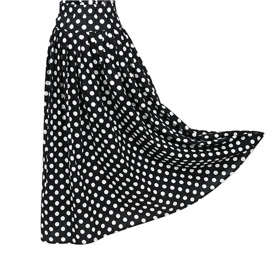 Women Vintage Polka Dot High - Waist Flared Maxi Skirt Big Swing Skirt