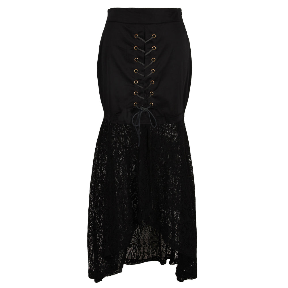 Black Lace Corset Midi Skirt | Gothic Steampunk Asymmetrical Lace Skirt for Women