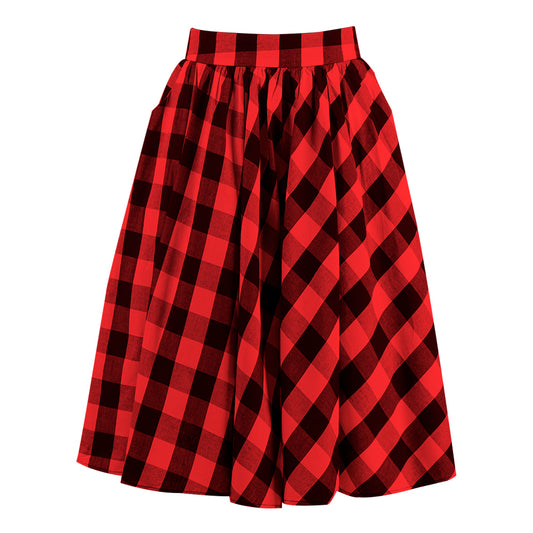 Vintage Plaid Flannel Midi Skirt for Women - Red & Black High - Waisted A - Line Swing Skirt, Versatile & Flattering