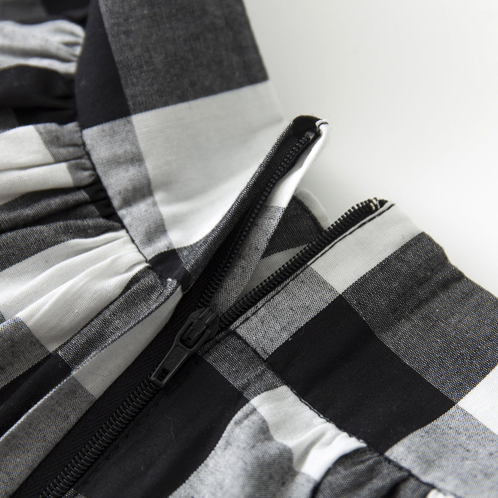 Women's Black White Plaid High Waist Flared Midi Skirt - Vintage Checkered A - Line Pleated Midi Skirt for Casual & Party