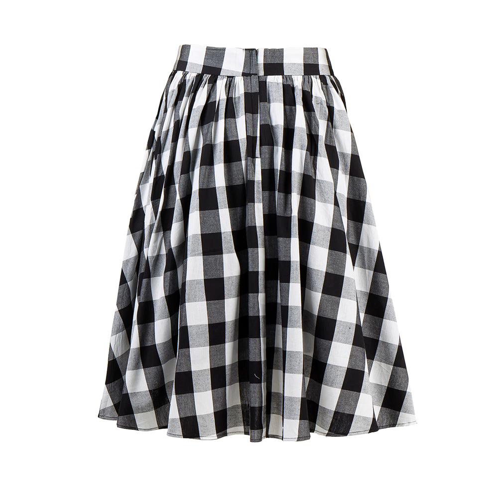 Women's Black White Plaid High Waist Flared Midi Skirt - Vintage Checkered A - Line Pleated Midi Skirt for Casual & Party