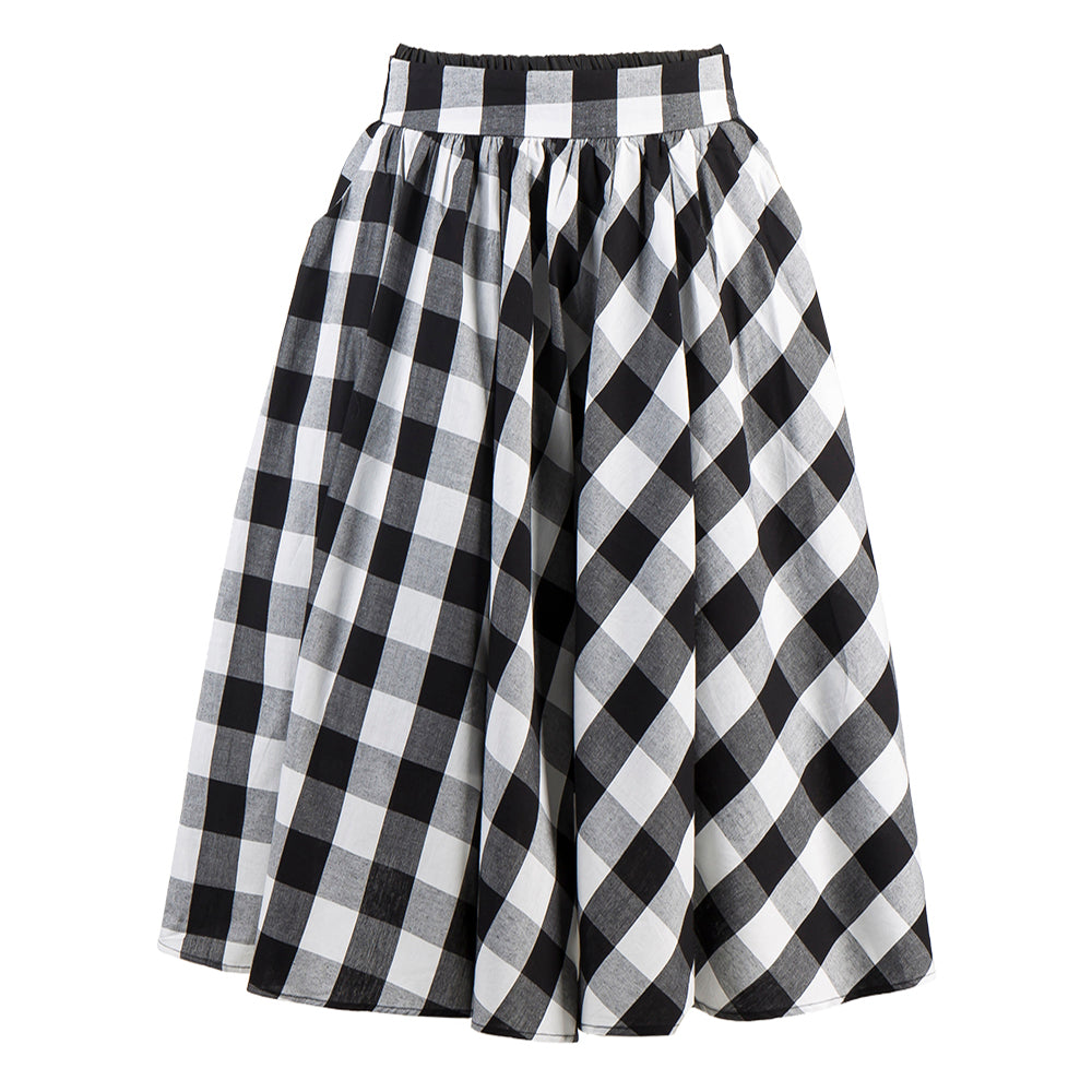 Women's Black White Plaid High Waist Flared Midi Skirt - Vintage Checkered A - Line Pleated Midi Skirt for Casual & Party