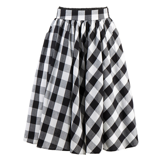 Women's Black White Plaid High Waist Flared Midi Skirt - Vintage Checkered A - Line Pleated Midi Skirt for Casual & Party