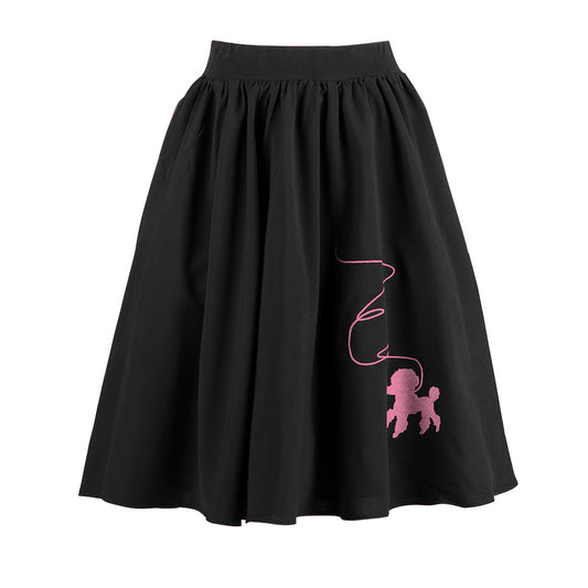 Vintage - Inspired Black Swing Skirt with Pink Poodle Print - Retro, Cute & Versatile A - Line Midi Skirt