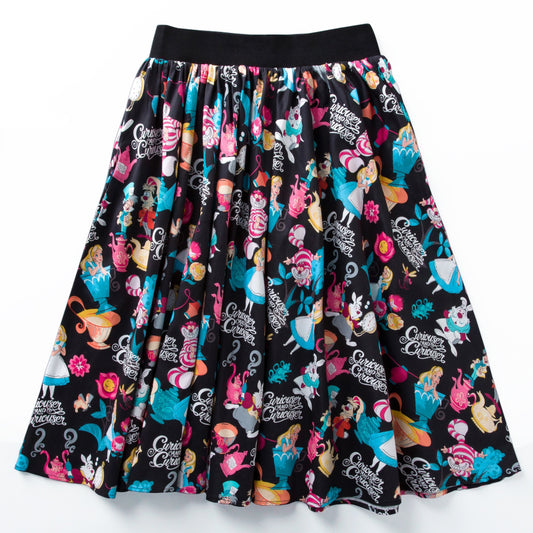Women's Magical Wonderland-Inspired Black Swing Skirt - Vintage Whimsical Print A-Line Midi Skirt for Daily Wear