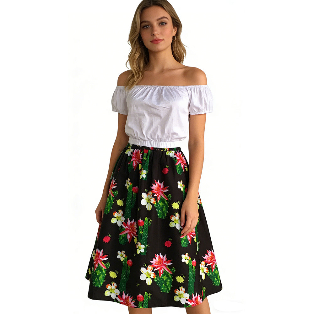 Cactus Floral Print High-Waist A-Line Midi Skirt - Retro 1950s Vintage Summer Brunch Party Casual Skirt