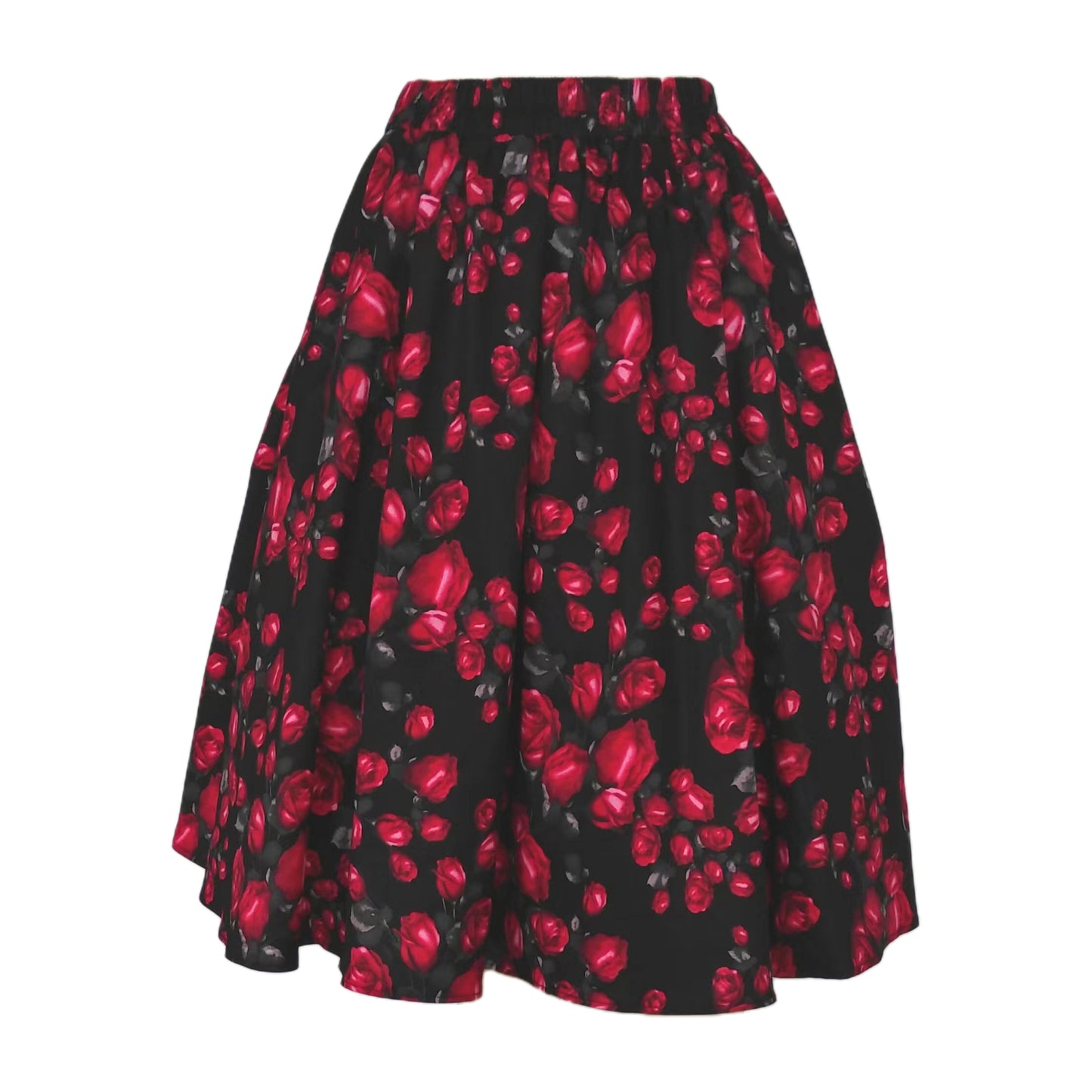 Women's Black White Grid A-Line Midi Skirt - Elastic Waist Flared Swing Skirt