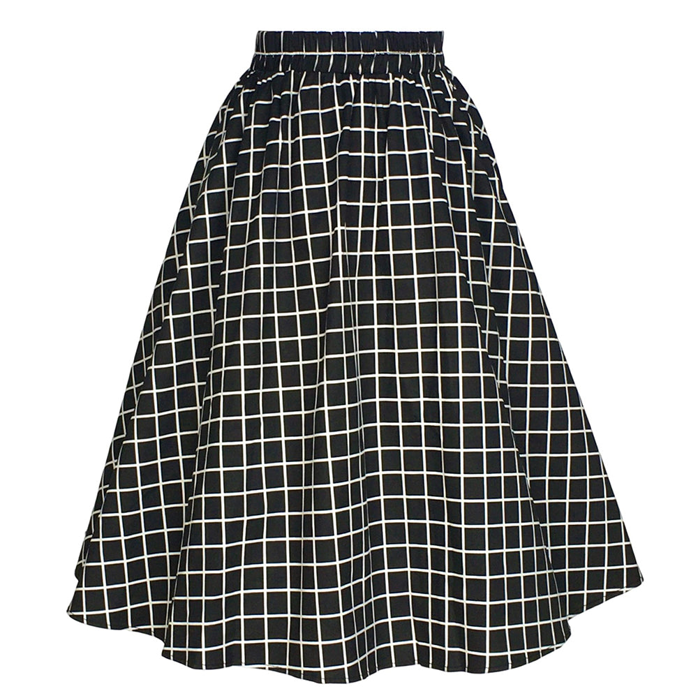 Black White Grid Print High-Waist A-Line Midi Skirt - Retro Vintage Flowy Casual Skirt for Women | Figure-Flattering Daily Brunch Skirt