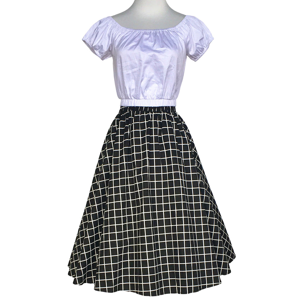 Black White Grid Print High-Waist A-Line Midi Skirt - Retro Vintage Flowy Casual Skirt for Women | Figure-Flattering Daily Brunch Skirt