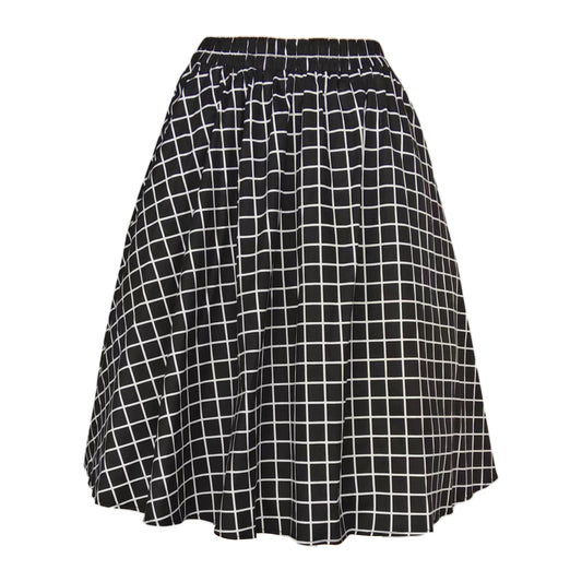 Women's Black White Grid A-Line Midi Skirt - Elastic Waist Flared Swing Skirt