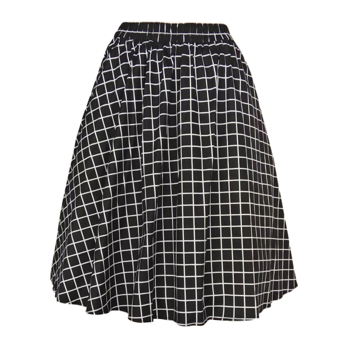 Women's Black White Grid A-Line Midi Skirt - Elastic Waist Flared Swing Skirt