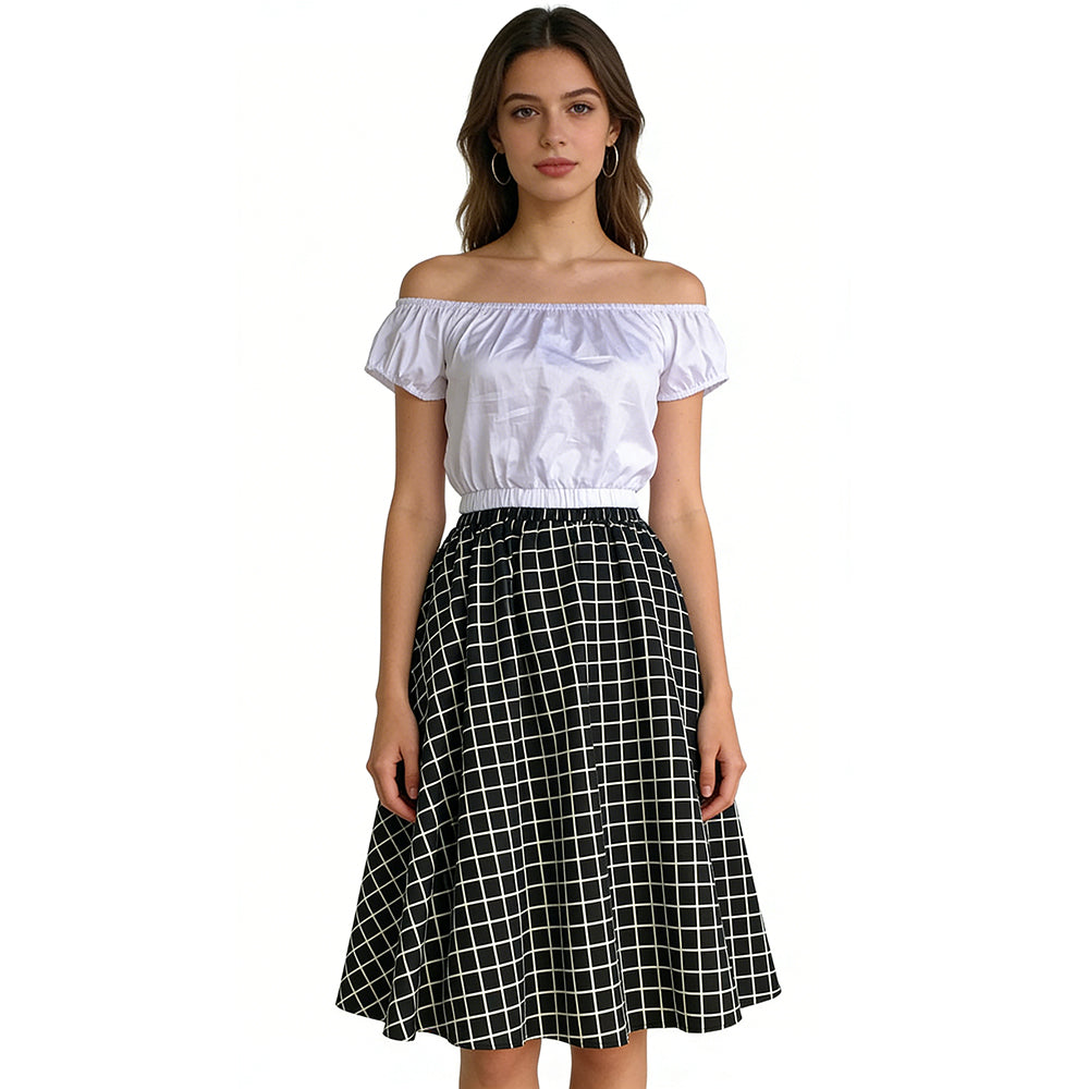 Black White Grid Print High-Waist A-Line Midi Skirt - Retro Vintage Flowy Casual Skirt for Women | Figure-Flattering Daily Brunch Skirt