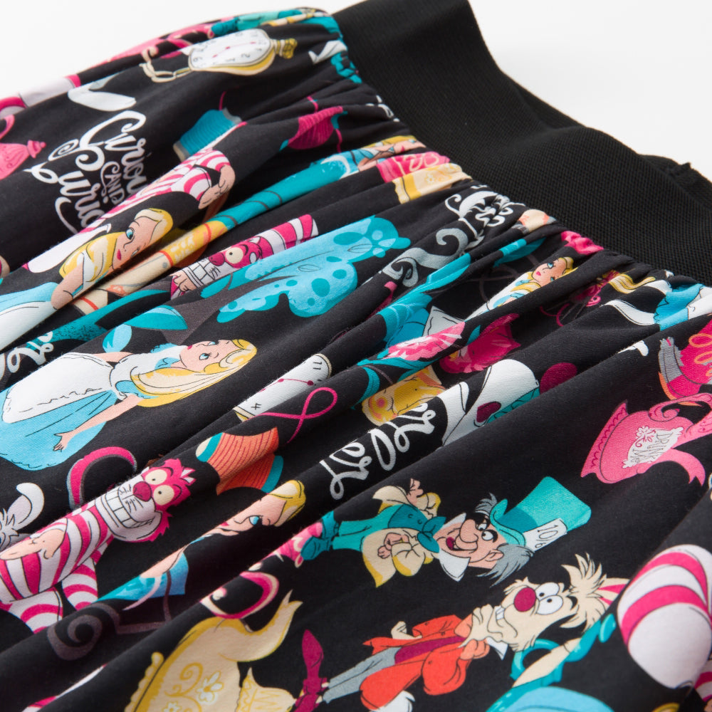 Women's Magical Wonderland-Inspired Black Swing Skirt - Vintage Whimsical Print A-Line Midi Skirt for Daily Wear