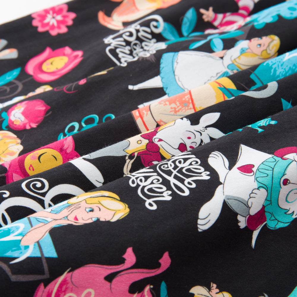 Women's Magical Wonderland-Inspired Black Swing Skirt - Vintage Whimsical Print A-Line Midi Skirt for Daily Wear