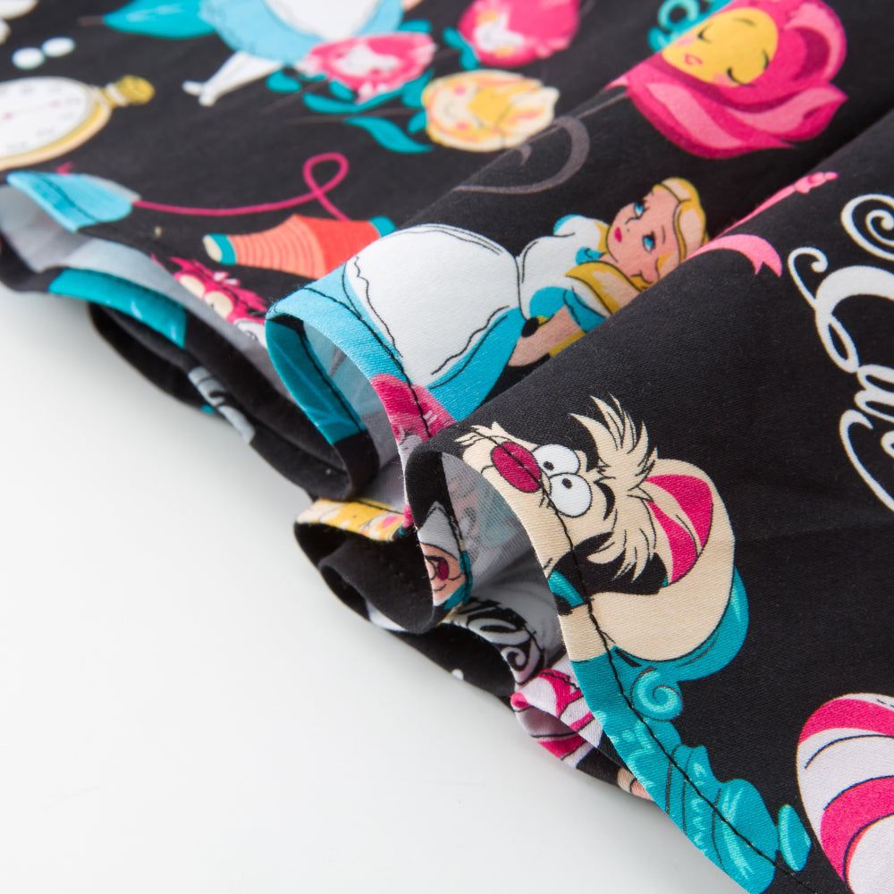 Women's Magical Wonderland-Inspired Black Swing Skirt - Vintage Whimsical Print A-Line Midi Skirt for Daily Wear