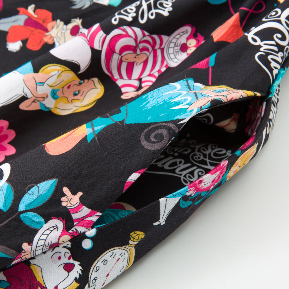 Women's Magical Wonderland-Inspired Black Swing Skirt - Vintage Whimsical Print A-Line Midi Skirt for Daily Wear