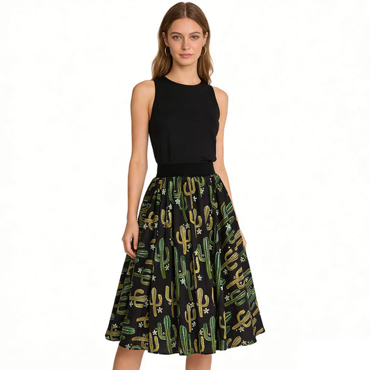 High Waist Cactus Print A-Line Midi Skirt - Vintage Swing Skirt Perfect for Summer Vacations, Desert Themed Parties & Outdoor Casual Outings
