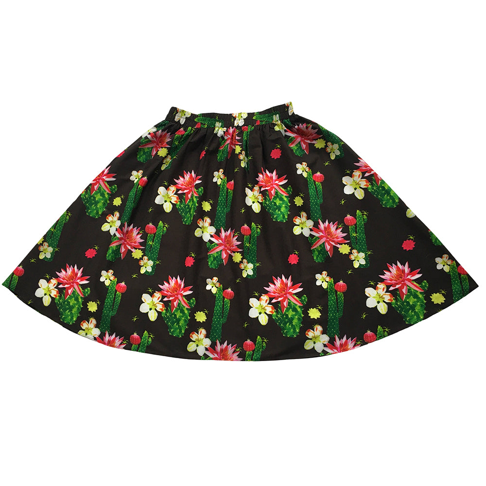 Cactus Floral Print High-Waist A-Line Midi Skirt - Retro 1950s Vintage Summer Brunch Party Casual Skirt