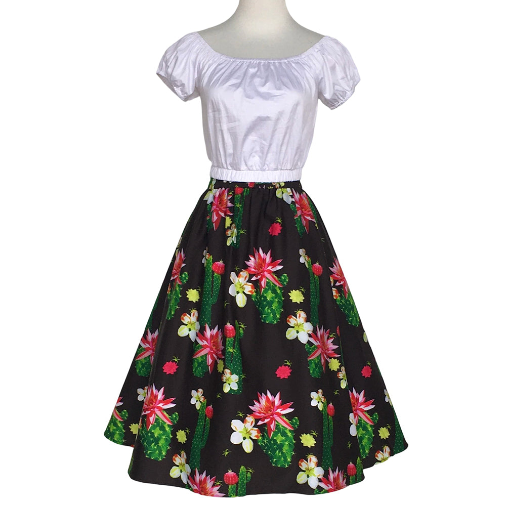 Cactus Floral Print High-Waist A-Line Midi Skirt - Retro 1950s Vintage Summer Brunch Party Casual Skirt