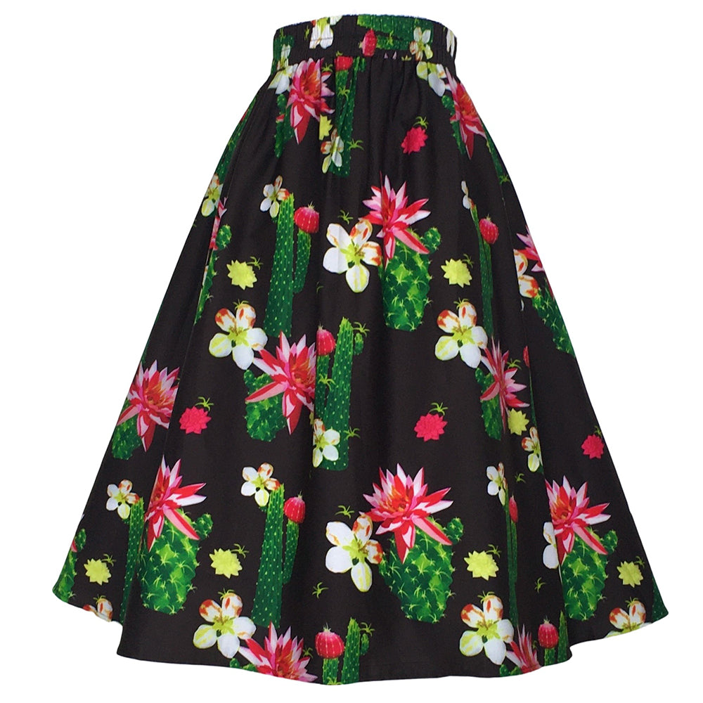 Cactus Floral Print High-Waist A-Line Midi Skirt - Retro 1950s Vintage Summer Brunch Party Casual Skirt