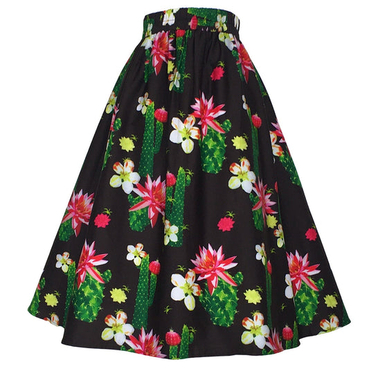 Cactus Floral Print High-Waist A-Line Midi Skirt - Retro 1950s Vintage Summer Brunch Party Casual Skirt
