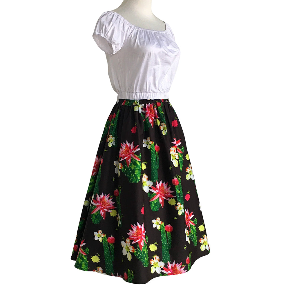 Cactus Floral Print High-Waist A-Line Midi Skirt - Retro 1950s Vintage Summer Brunch Party Casual Skirt