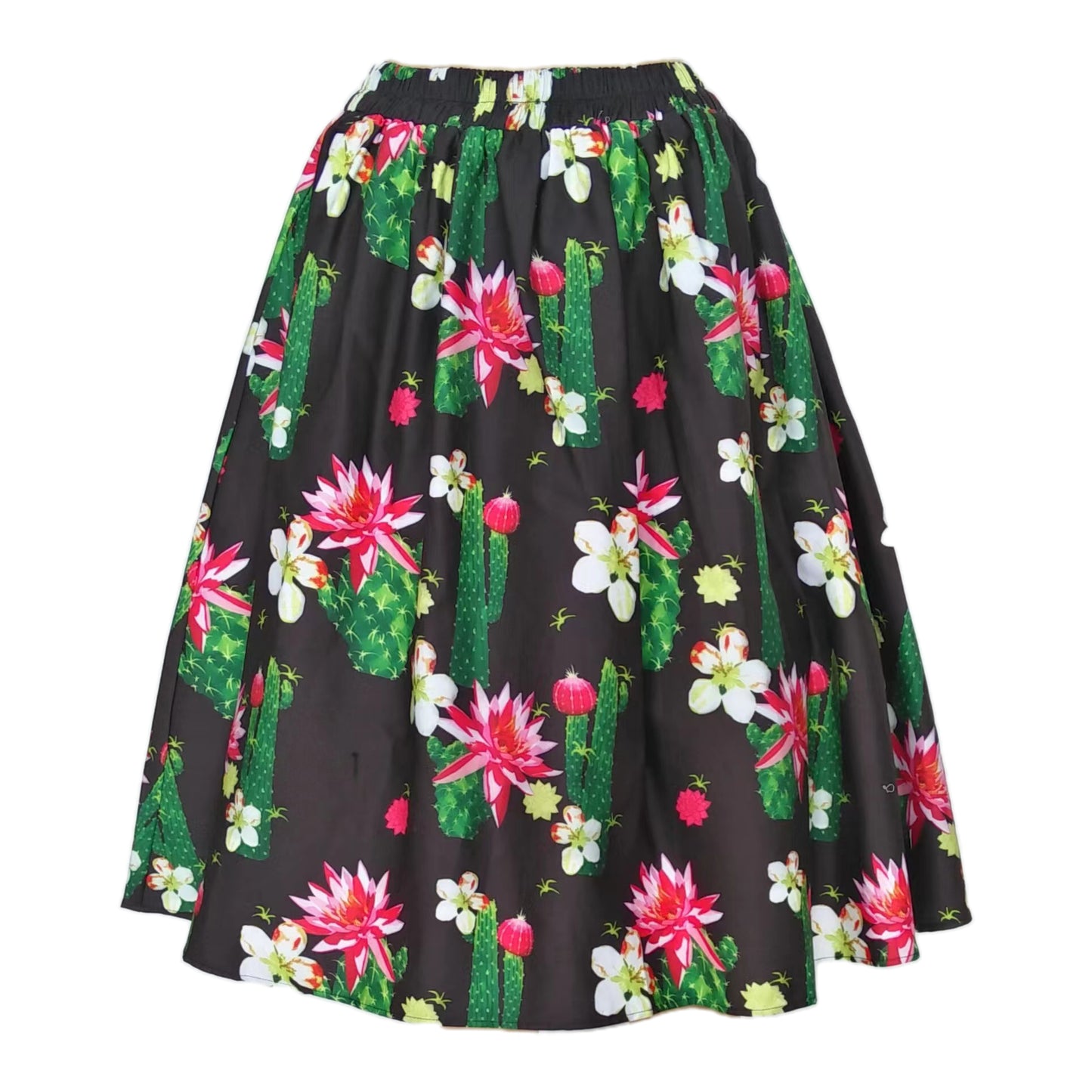 Women's Black White Grid A-Line Midi Skirt - Elastic Waist Flared Swing Skirt