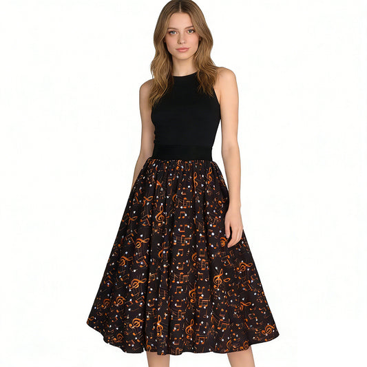 Women's High Waist Vintage Musical Note Print Midi Skirt - Black & Orange Flared A-Line Full Circle Skirt for Music Lovers