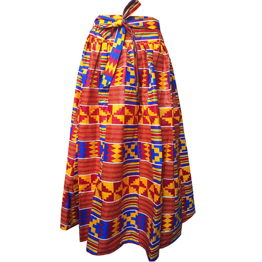 African Wax Print Maxi Skirt - Ethnic Kente Inspired Bohemian Long Skirt with Tie Waist