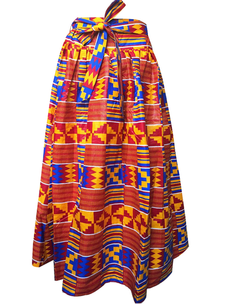 African Wax Print Maxi Skirt - Ethnic Kente Inspired Bohemian Long Skirt with Tie Waist