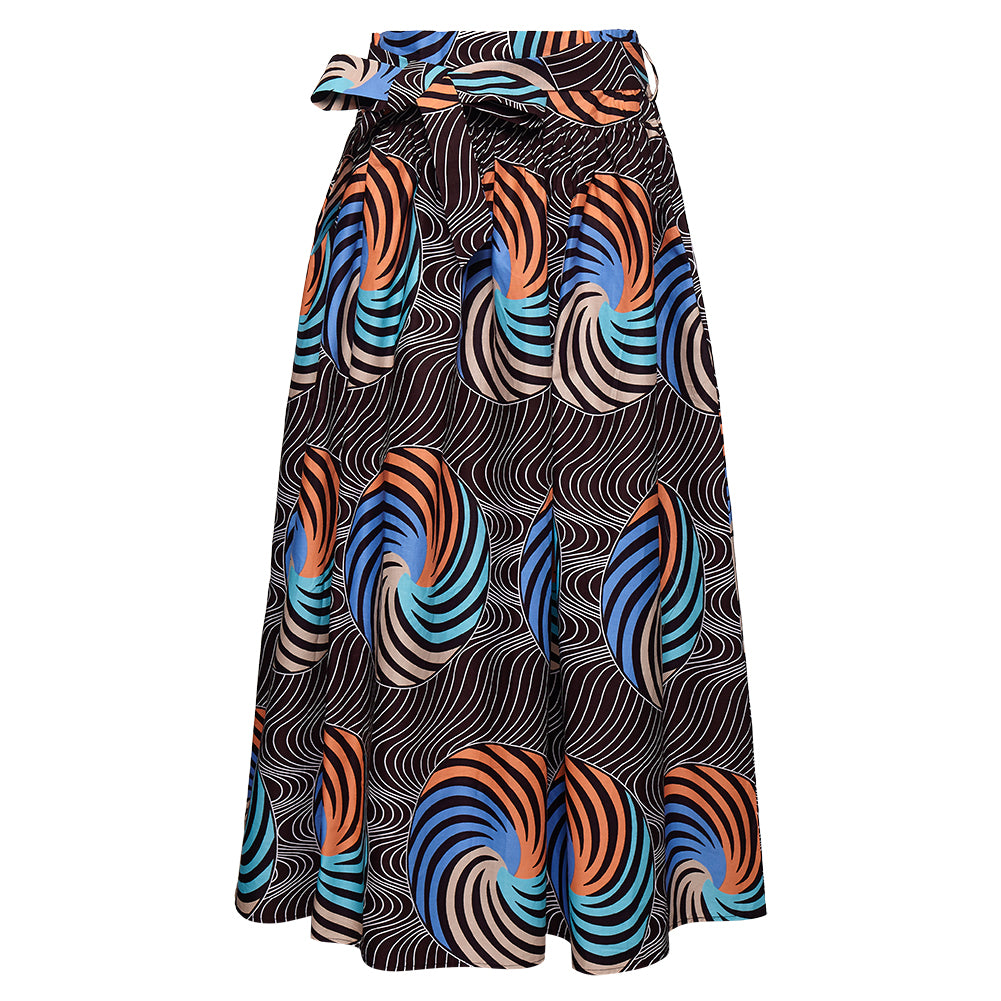 African Wax Fabric Midi Skirt - Art Deco-Inspired Geometric Swirl Boho Skirt