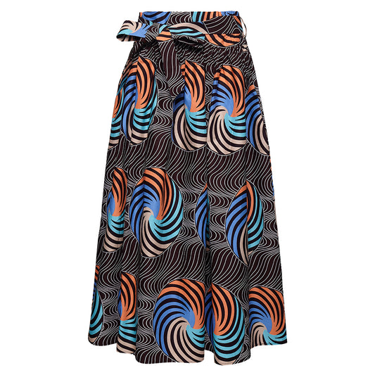 African Wax Fabric Midi Skirt - Art Deco-Inspired Geometric Swirl Boho Skirt